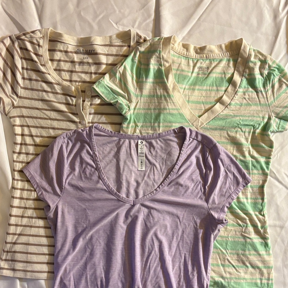 Old Navy Cream stripe with Tan, Purple and Green stripe with white t-shit bundle